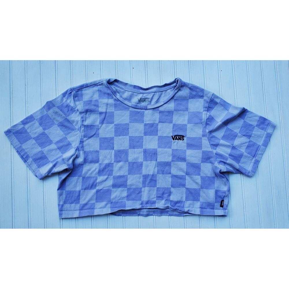 Vans Women Purple Checkerboard Crop Top T-Shirt Large Embroidered Logo Cotton